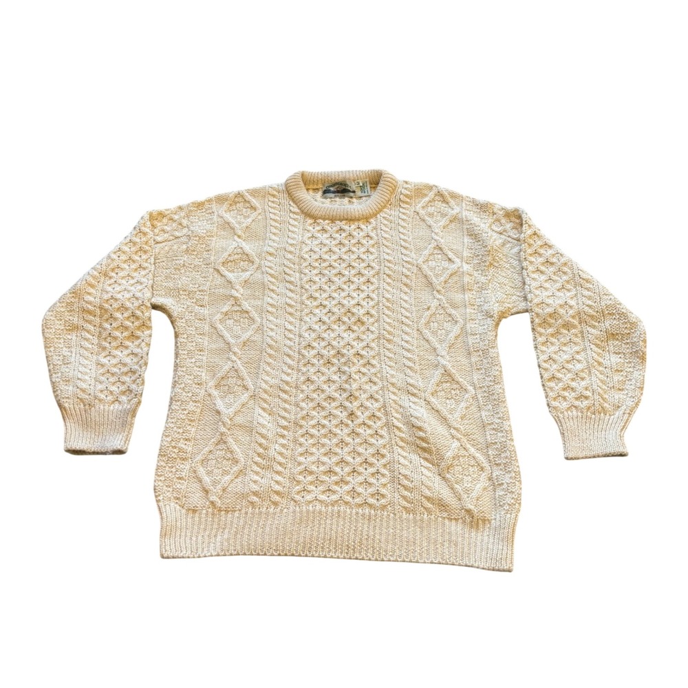 Aran Crafts Mens Cream Wool Cable Knit Fisherman Sweater Made in Ireland Size M